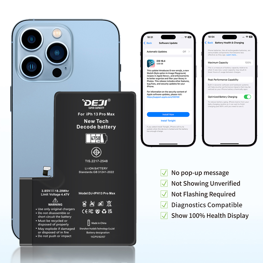 DEJI Brand 4352mAh IPhone 13 Pro Max Battery Diagnostic Decode, Show Health, No Alert