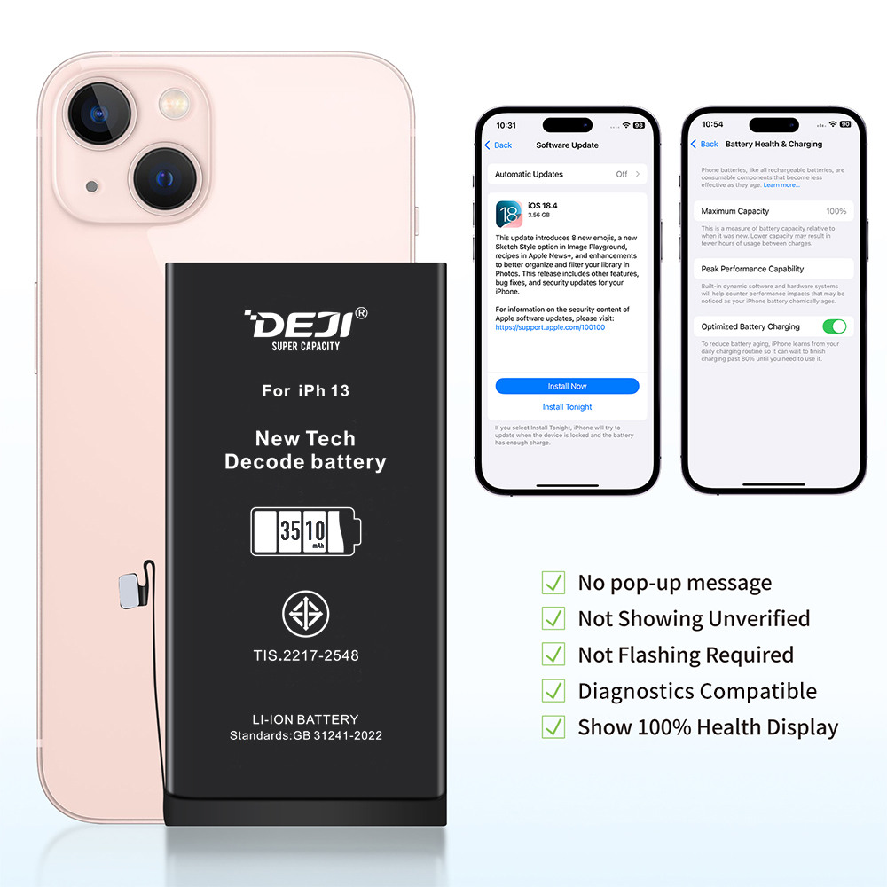 DEJI iPhone 13 High Capacity Decodes Battery 3510mah, No Pop-up, Show Genuine, 100% Health
