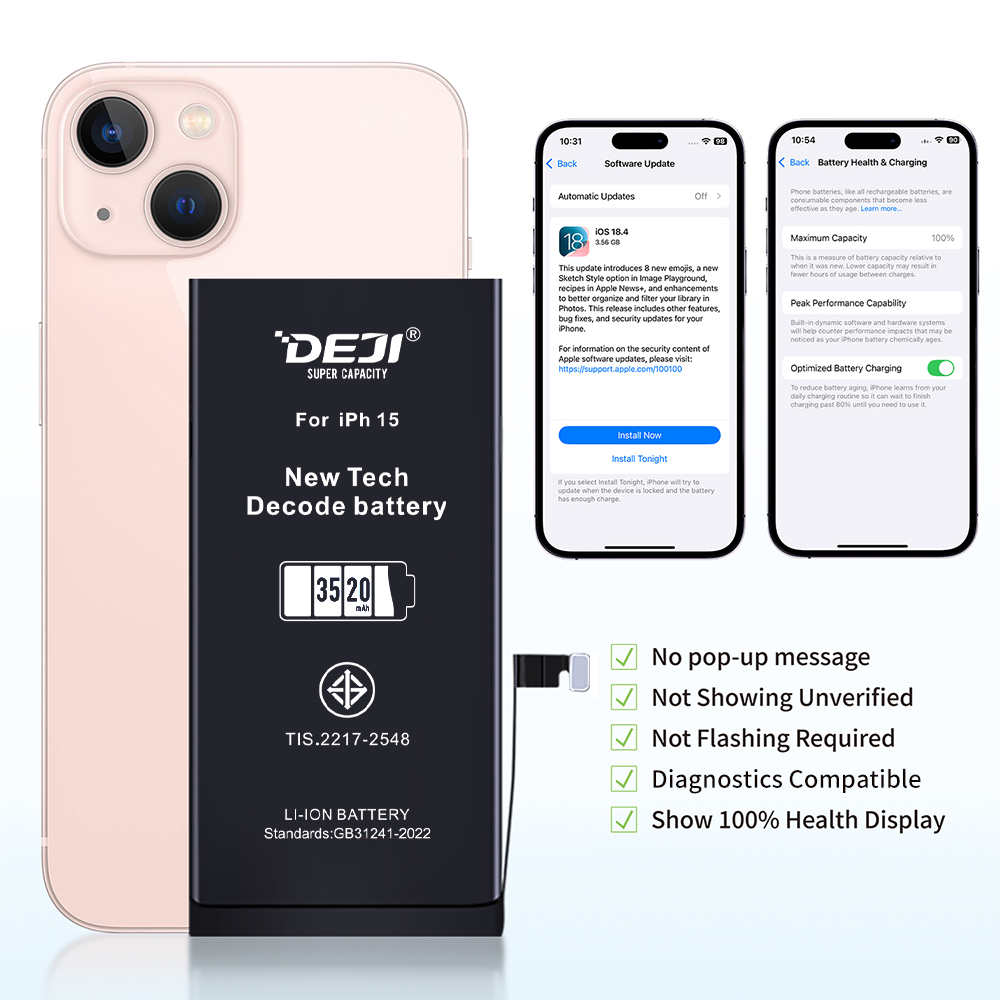 DEJI High-Capacity Battery 3520mAh for iPhone 15 – 100% Health, No Battery Warning, Original IC
