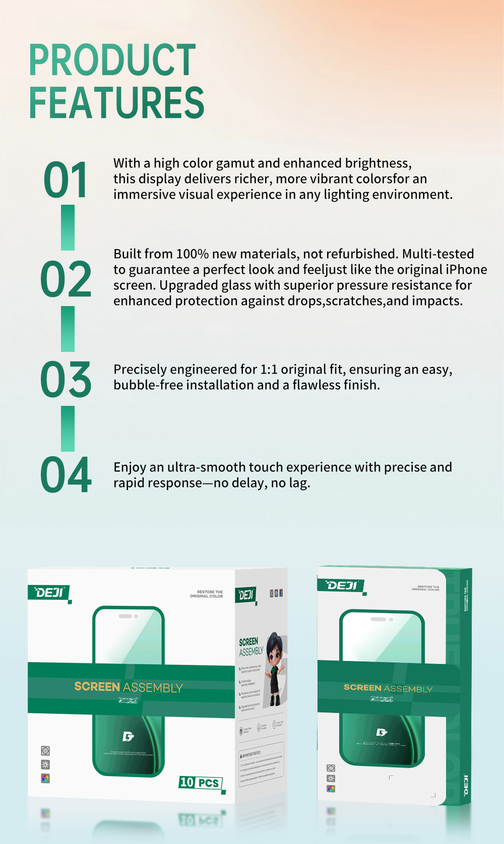 PRODUCT FEATURES DEJI 6.7" OLED for iPhone 15 Pro Max Screen 