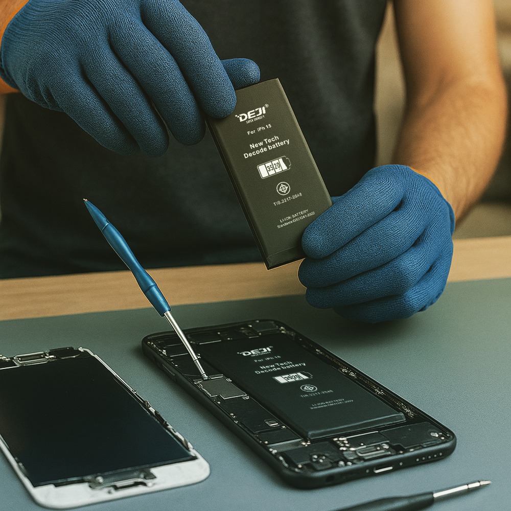 The repairman is replacing the diagnostic battery in the iPhone