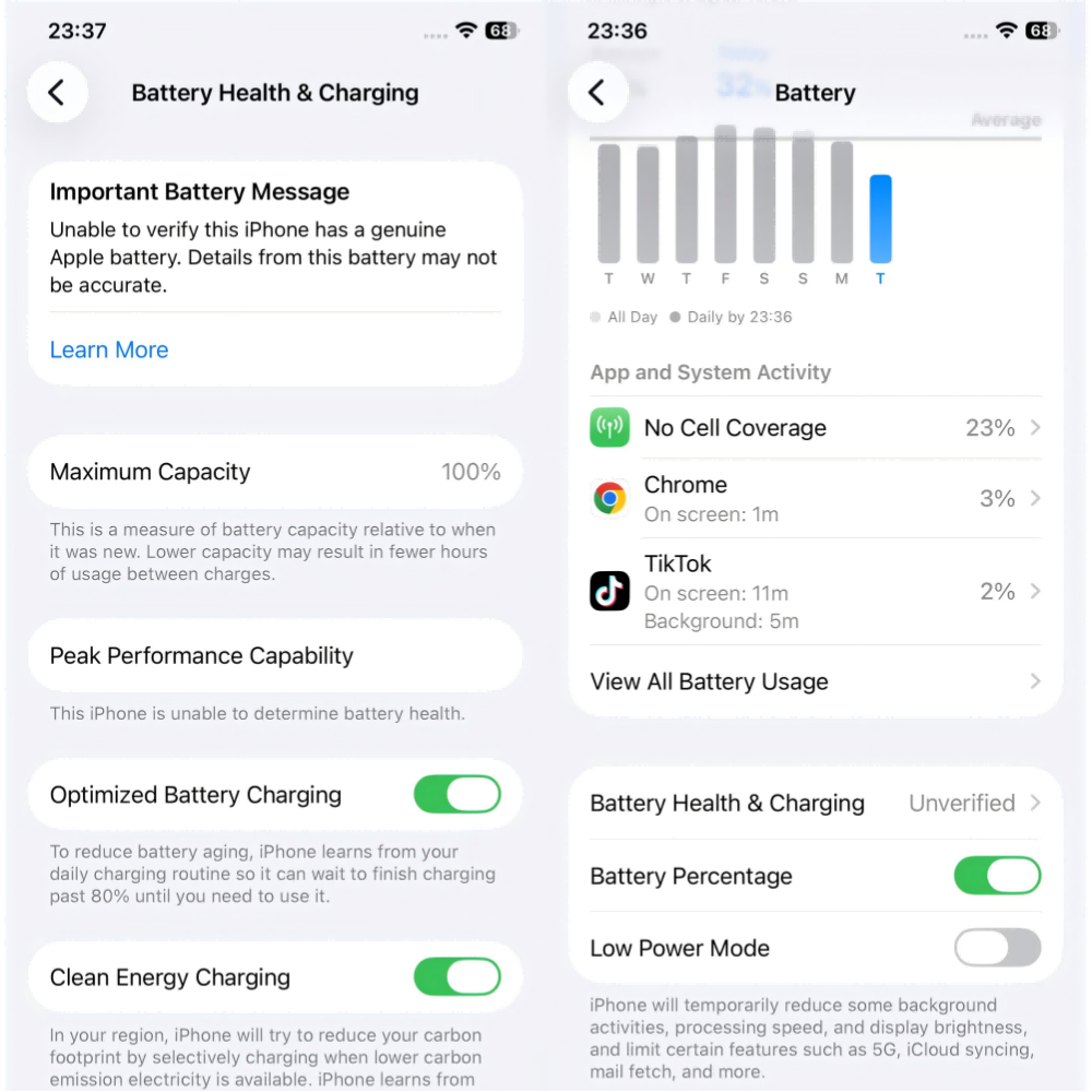 After replacing the battery on my iPhone with a third-party one, it displayed an "Important Battery Message" and "Unverified".