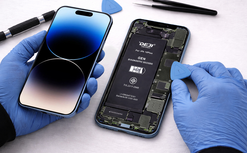 After a professional iPhone repair technician replaced the iPhone battery, there was a Deji battery on the table.