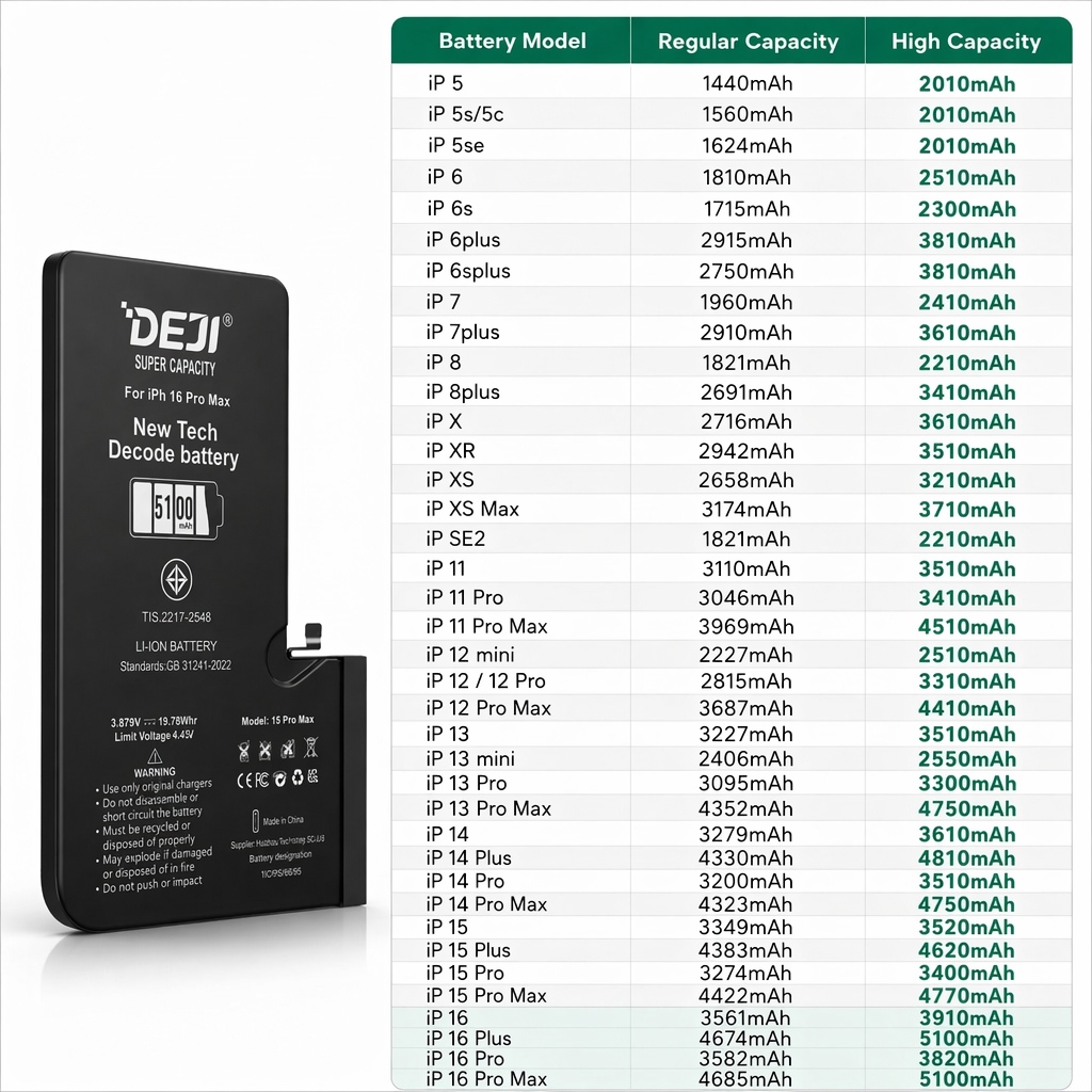 Deji High-Capacity Battery Specifications Table (iPhone 5–16)
