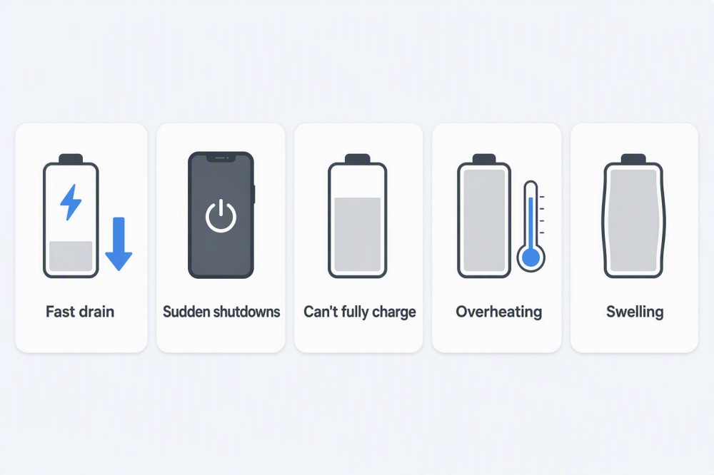 Five issues? Rapid battery drain Sudden shutdowns Failure to fully charge Overheating Swelling